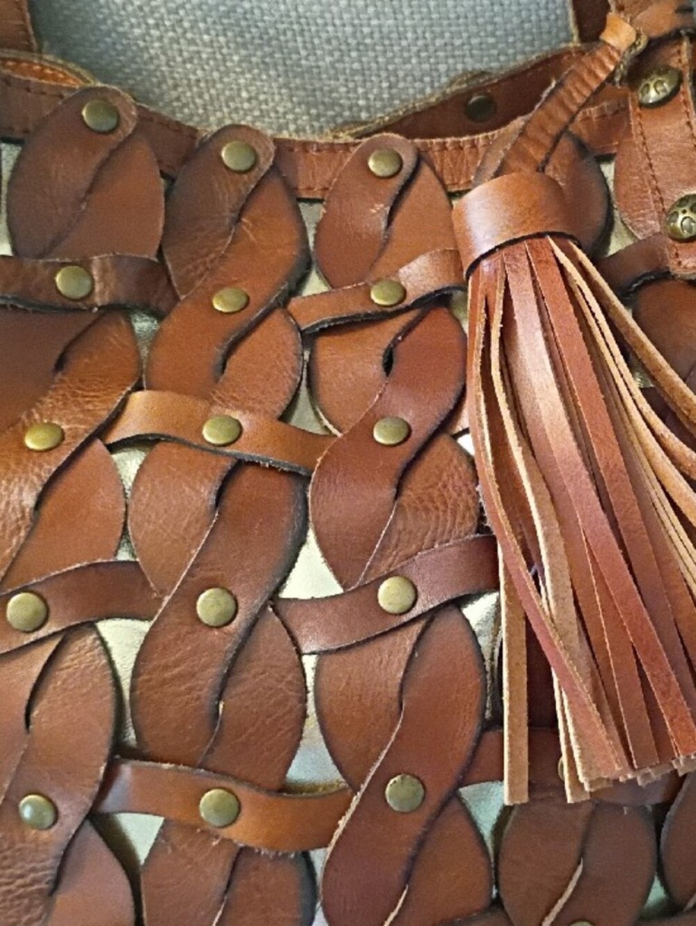 Patricia Nash Twisted Braid Mizzana Toast Brown Italian Leather Tassel Tote - Picture 3 of 15